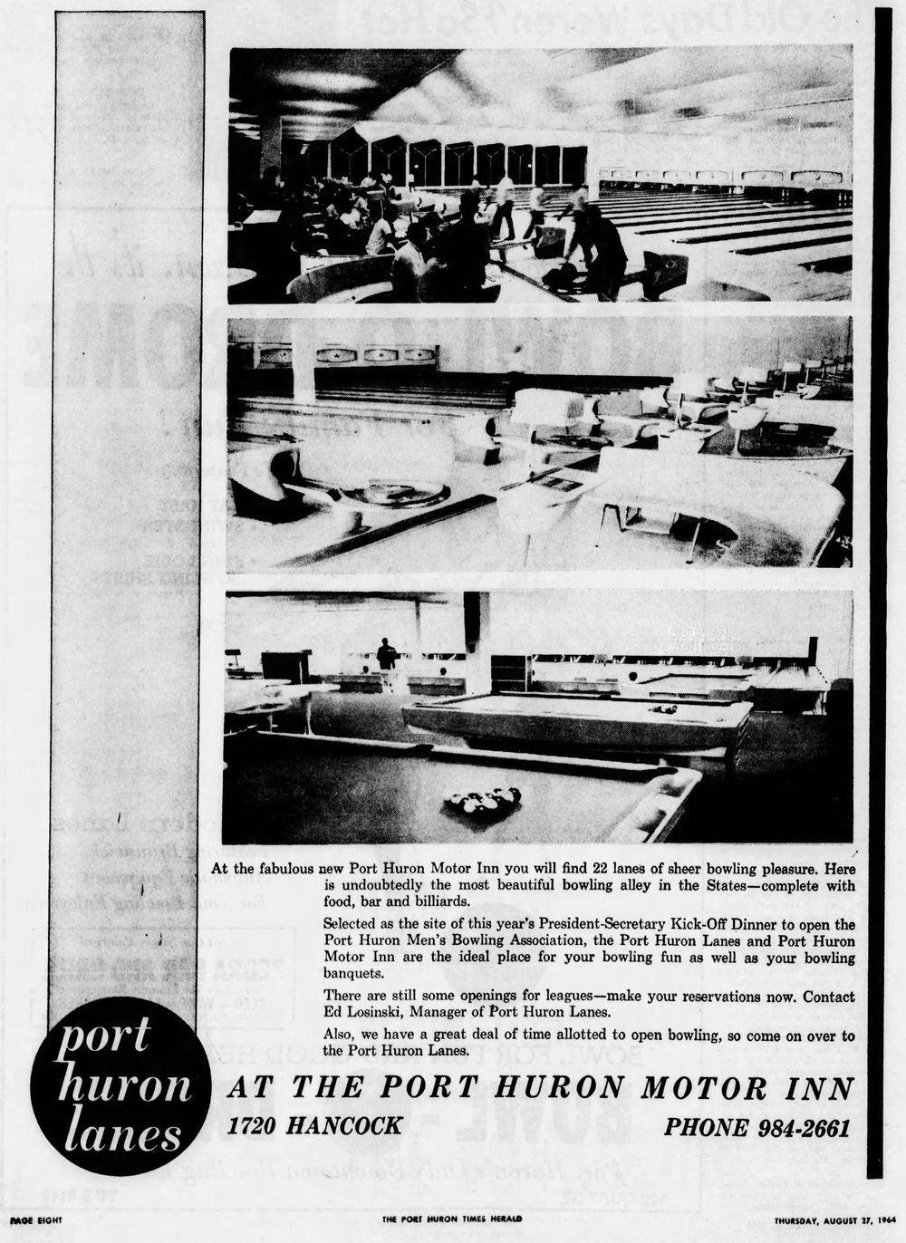 Port Huron Lanes - Aug 27 1964 Ad For Port Huron Motor Inn Next Door (newer photo)
